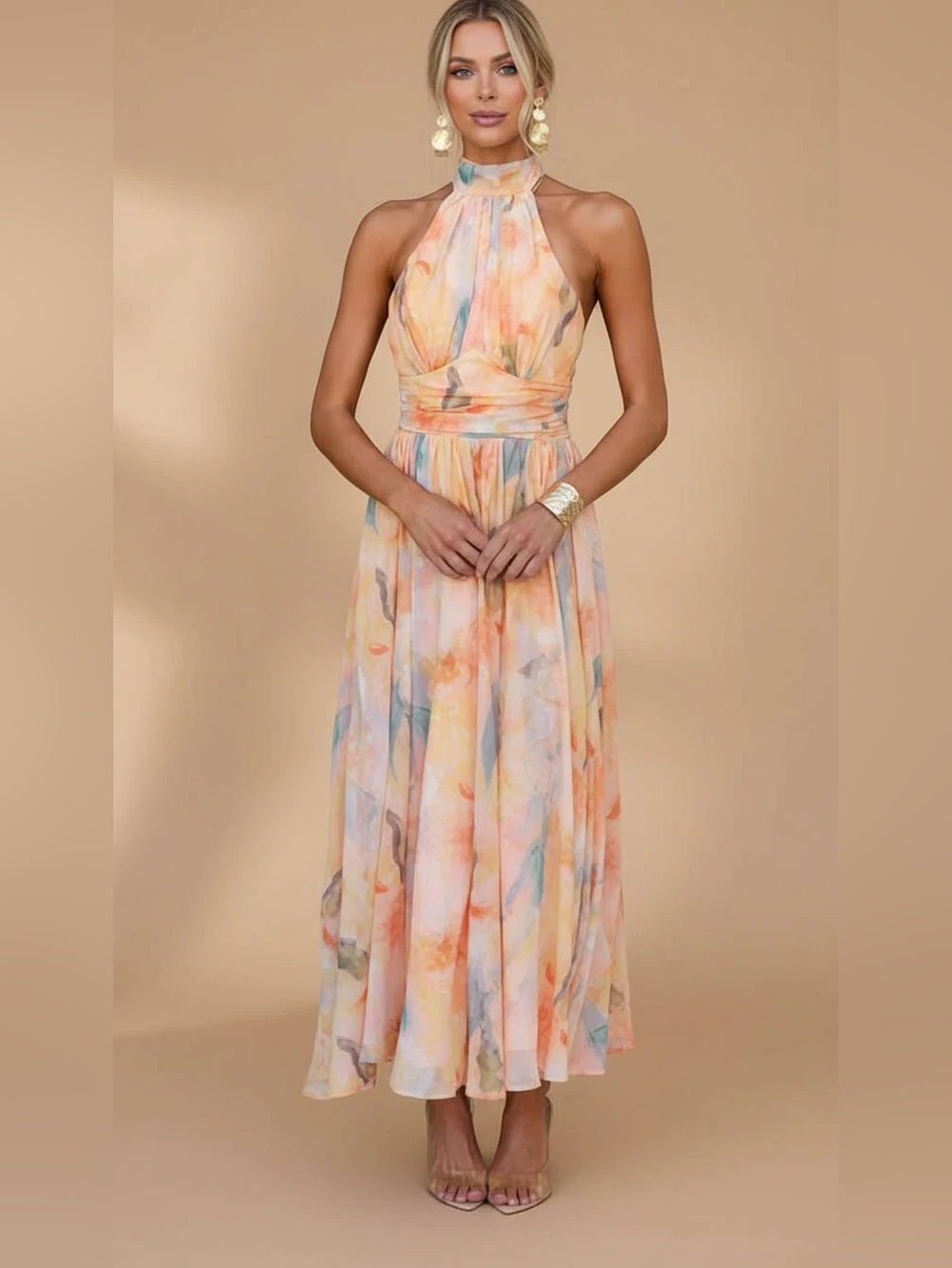 Peach Floral Halter Maxi Dress